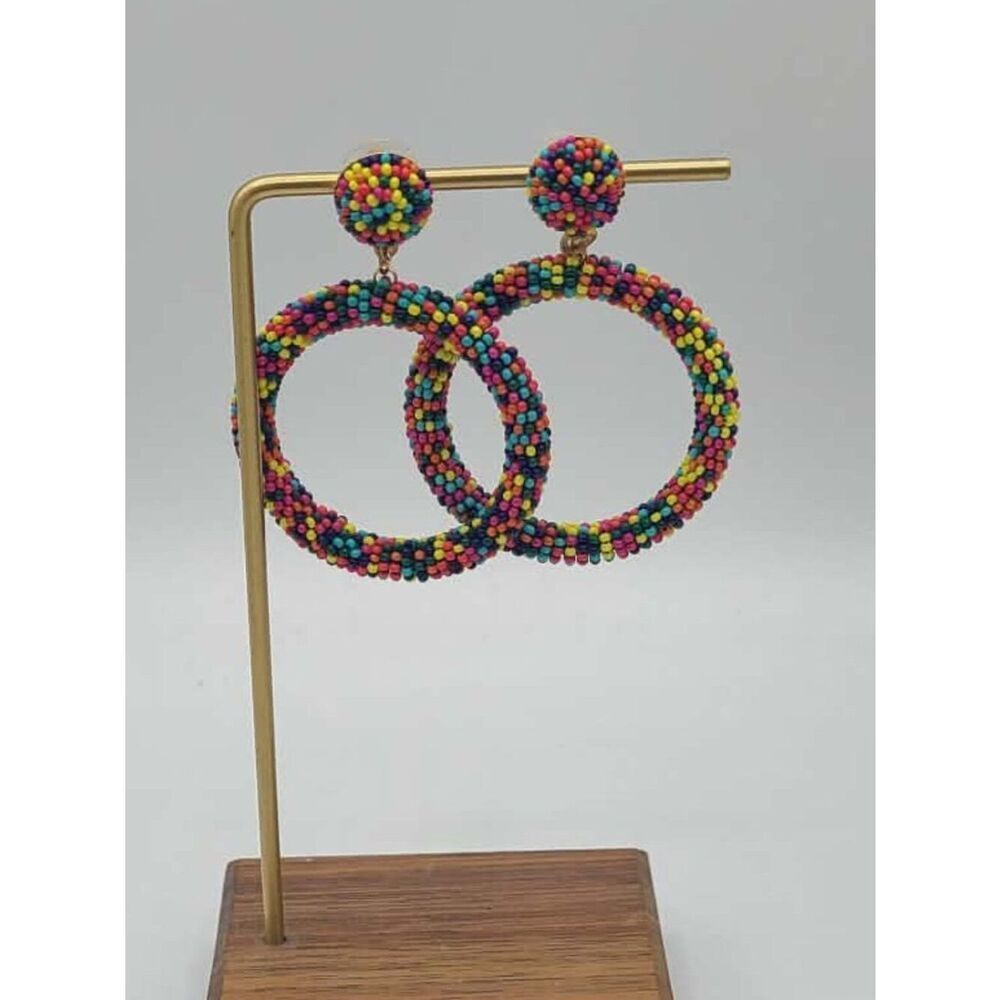 Colorful Beaded Hoop Stud Earrings